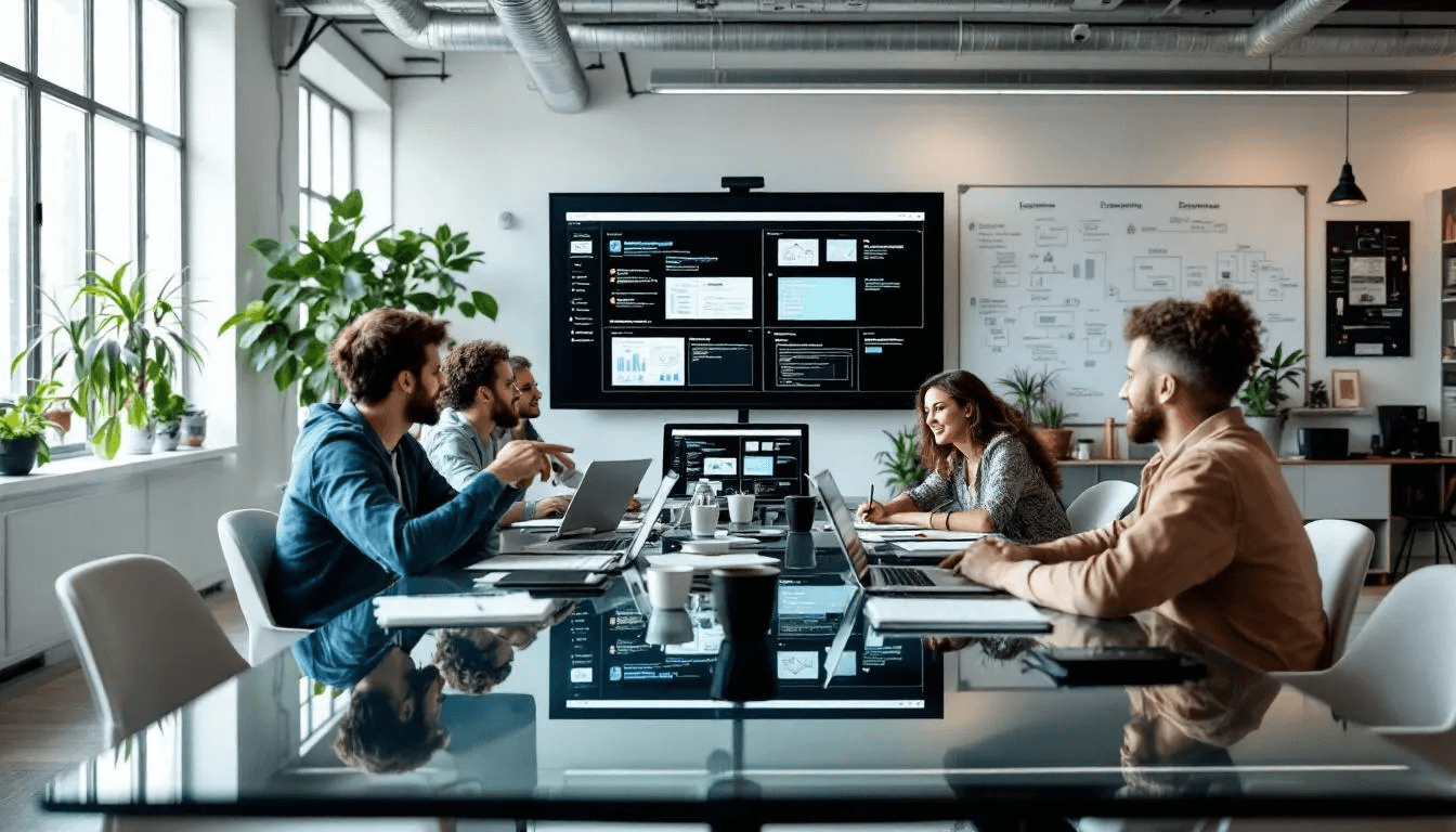 Une équipe collabore sur la création de contenus de micro apprentissage dans un espace de travail moderne, utilisant divers outils et formats pour développer des modules courts adaptés aux besoins des apprenants. Cette approche favorise une formation professionnelle rapide et efficace, permettant une acquisition de connaissances en quelques minutes.