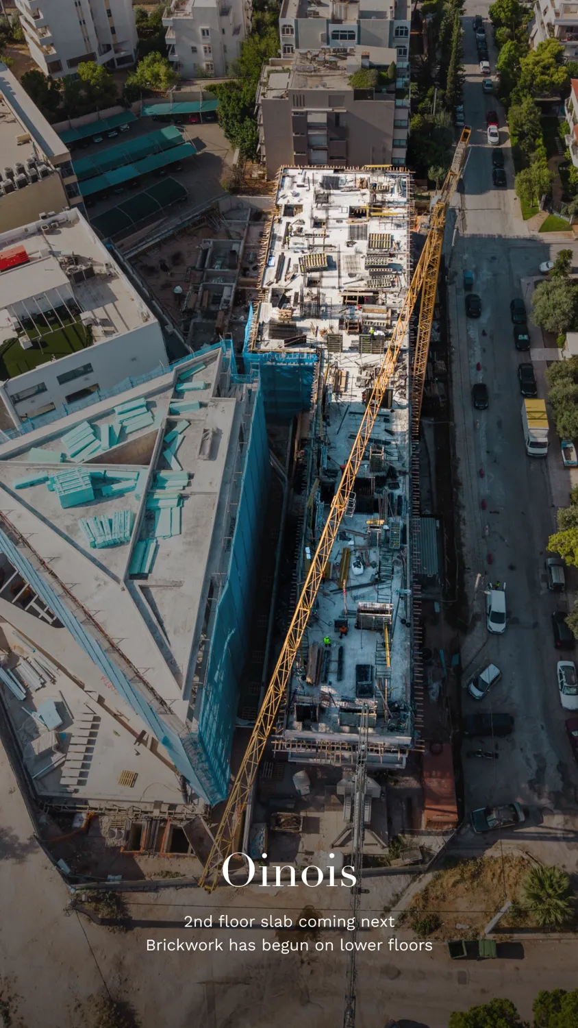 Oinois, Glyfada: second-floor slab, drone. September 2026.