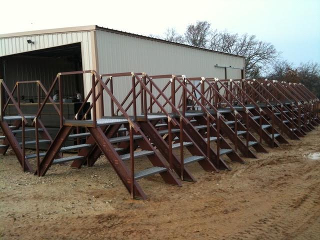 This shows crossover structural steel stairs we fabricated for a customer. The handrails are our build as well. We can produce a large number of weldments in our welding and fabrication shop in Henderson, Texas.