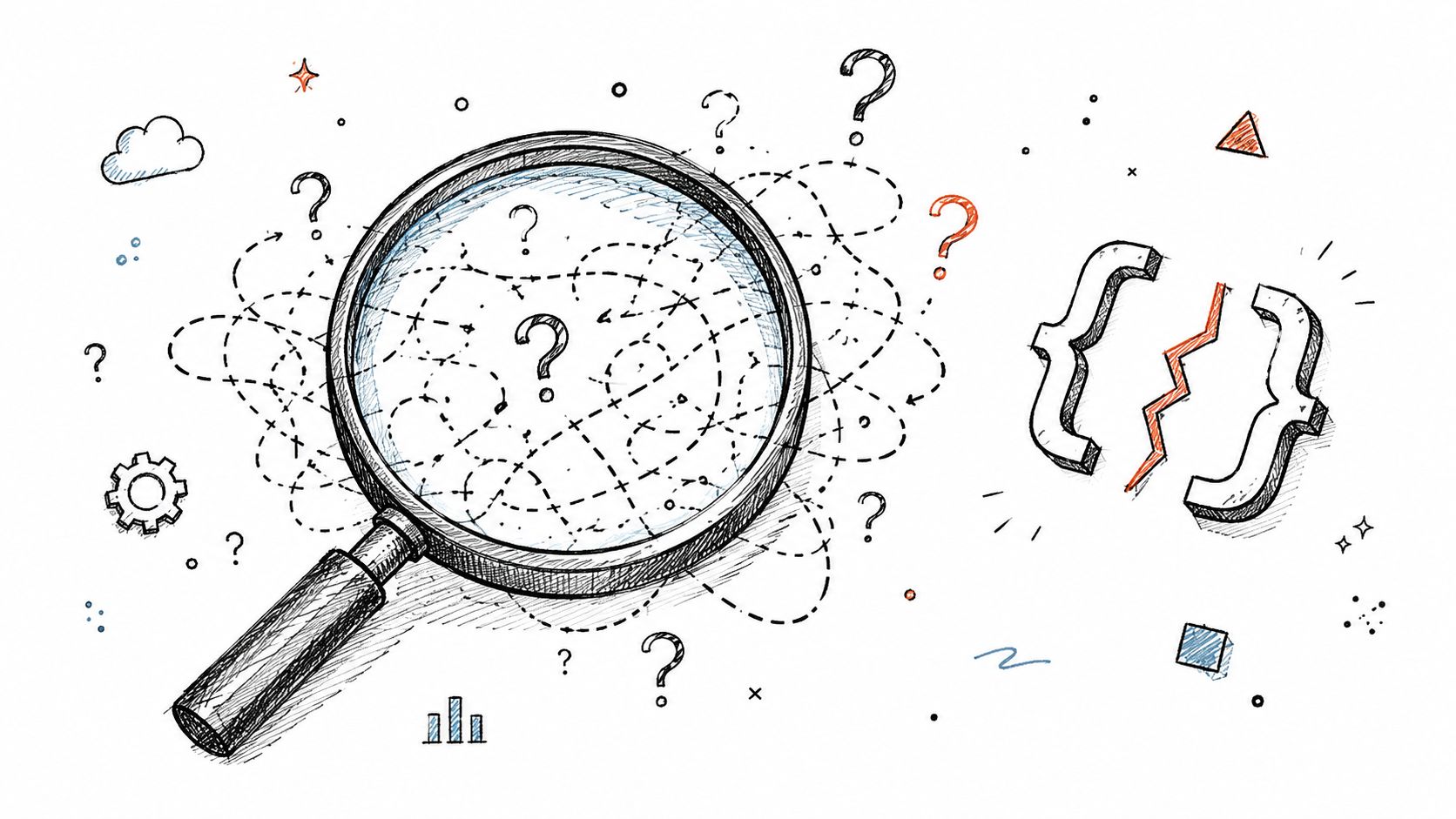 A hand-drawn illustration of a magnifying glass examining tangled lines, question marks, and broken code brackets.