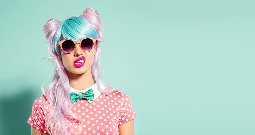 girl with crazy hair pink and blue