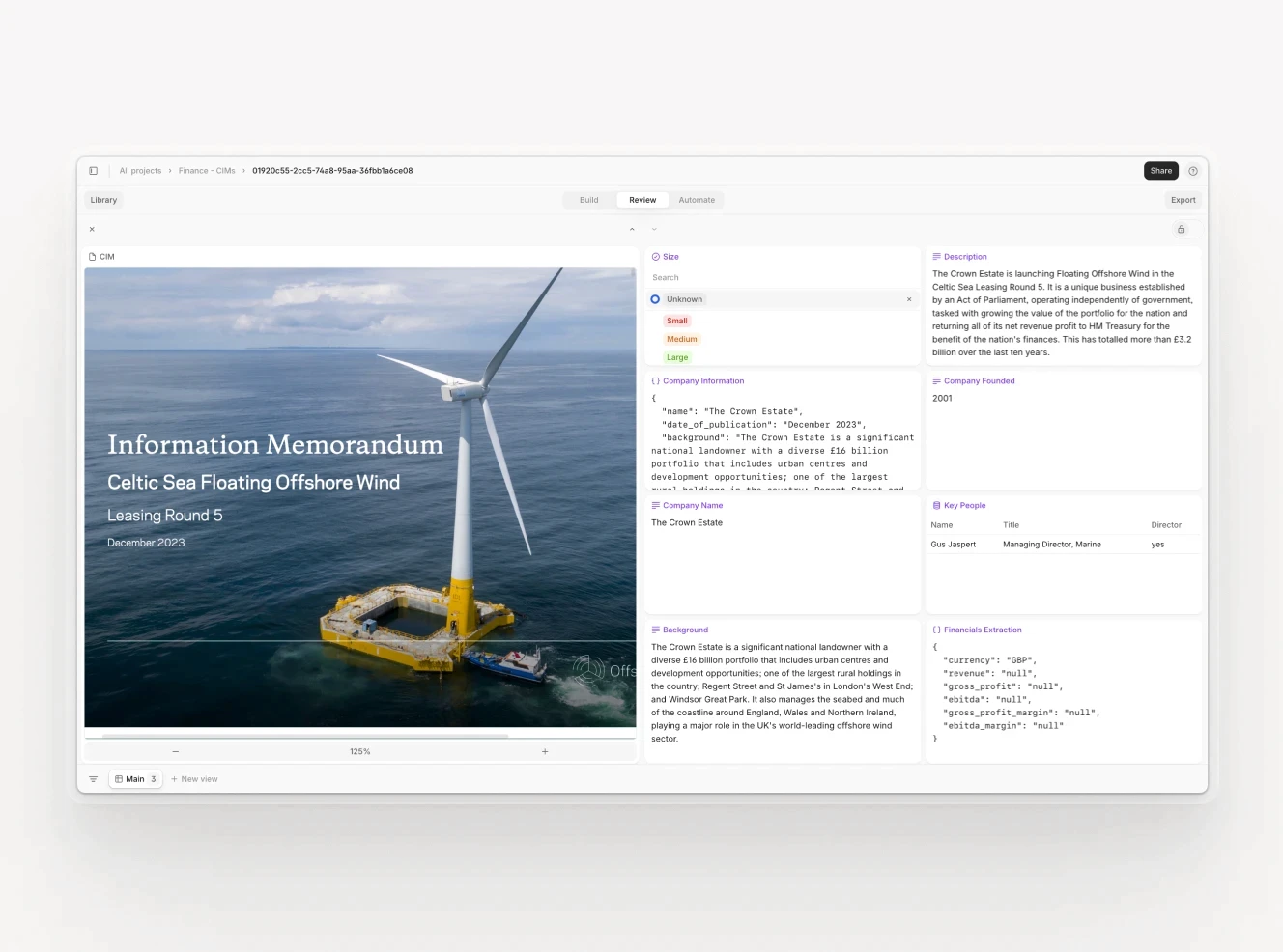 AI system analyzing an offshore wind energy project insurance document, extracting data for underwriting decisions and risk assessment.