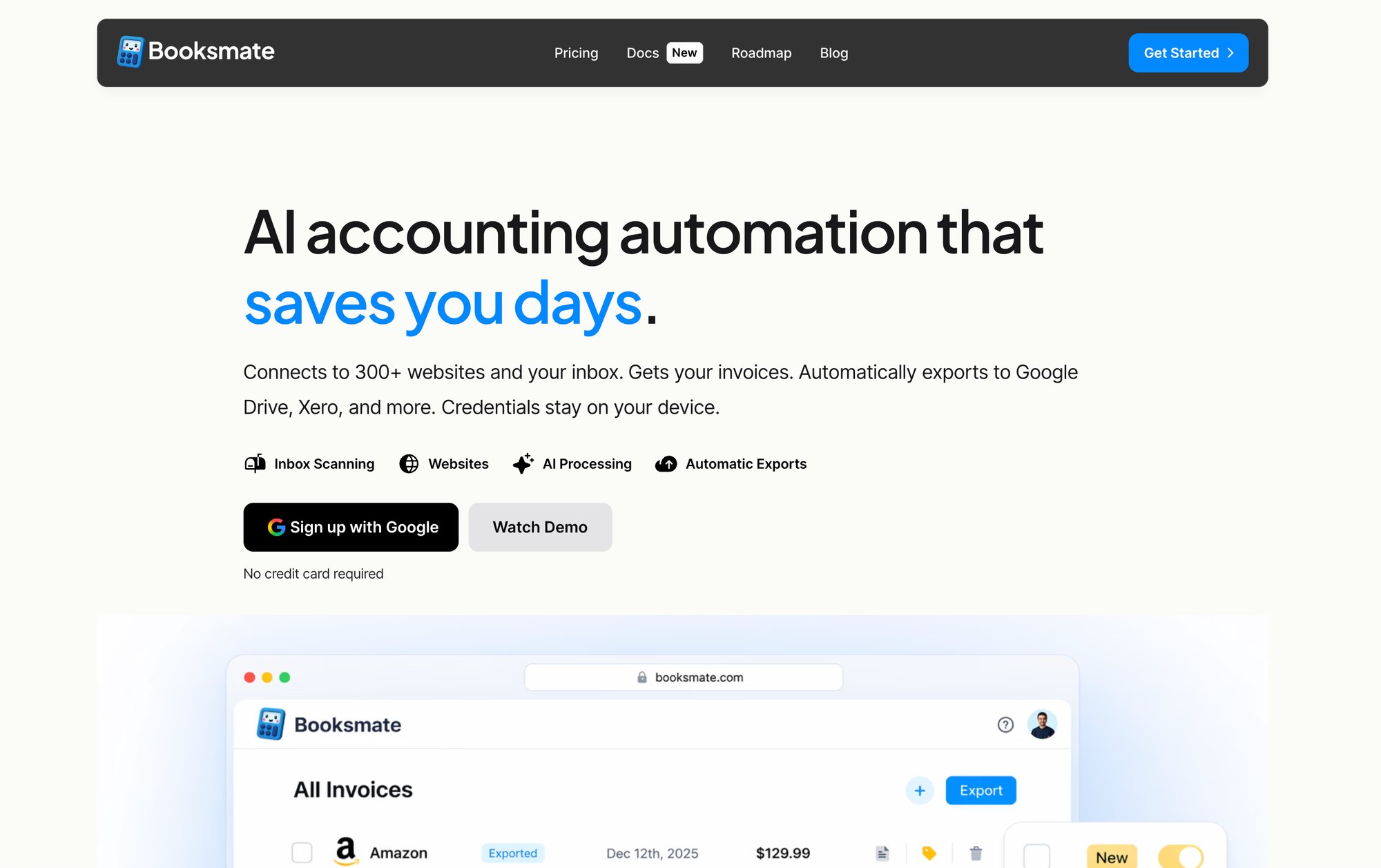 A screenshot of the Booksmate website, an AI accounting automation service with signup options.