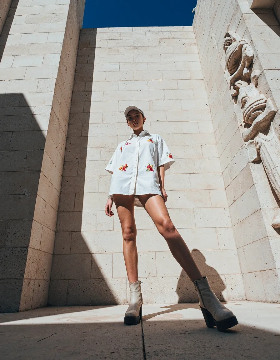 Fashion editorial featuring white embroidered shirt and platform boots against dramatic limestone architecture with sculptural details