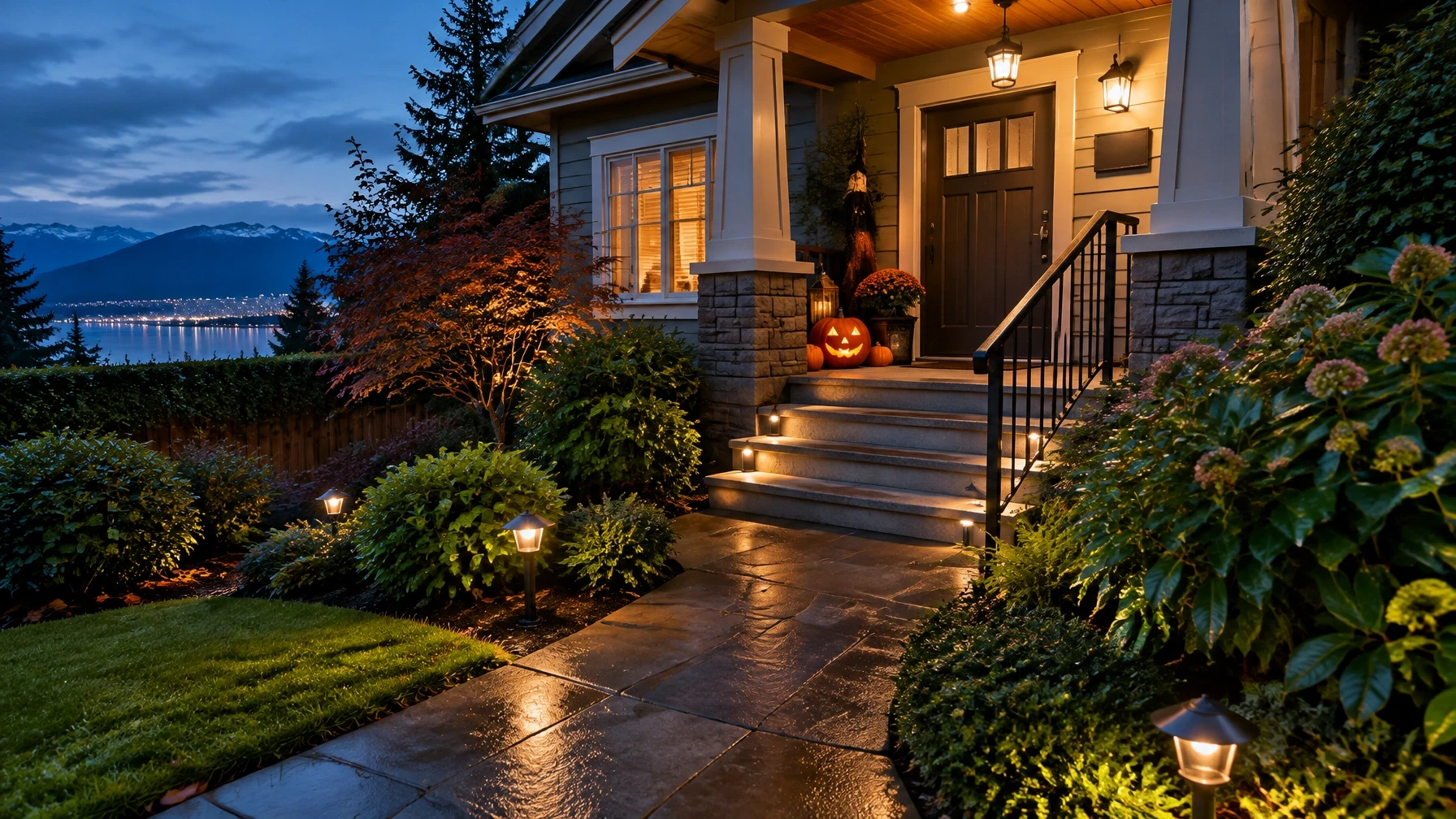A clearly lit residential porch and walkway, with Halloween decorations placed away from the path