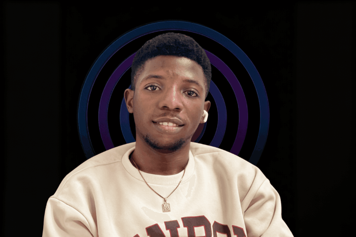 Portrait of a young man wearing a light sweatshirt and wireless earbuds against a black background with glowing circular neon rings.