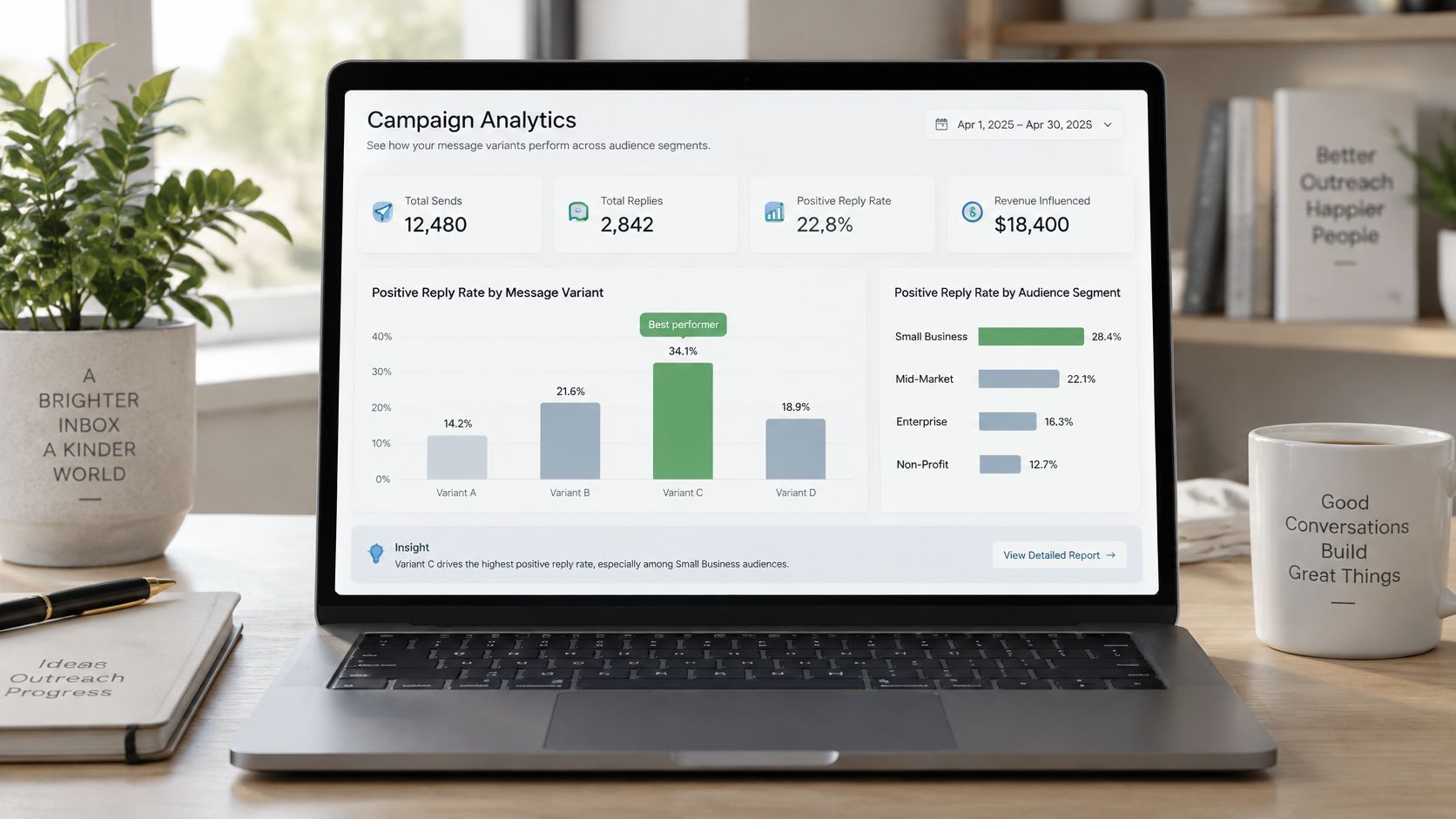 A laptop screen displaying a campaign analytics dashboard with charts showing message performance and audience segments.