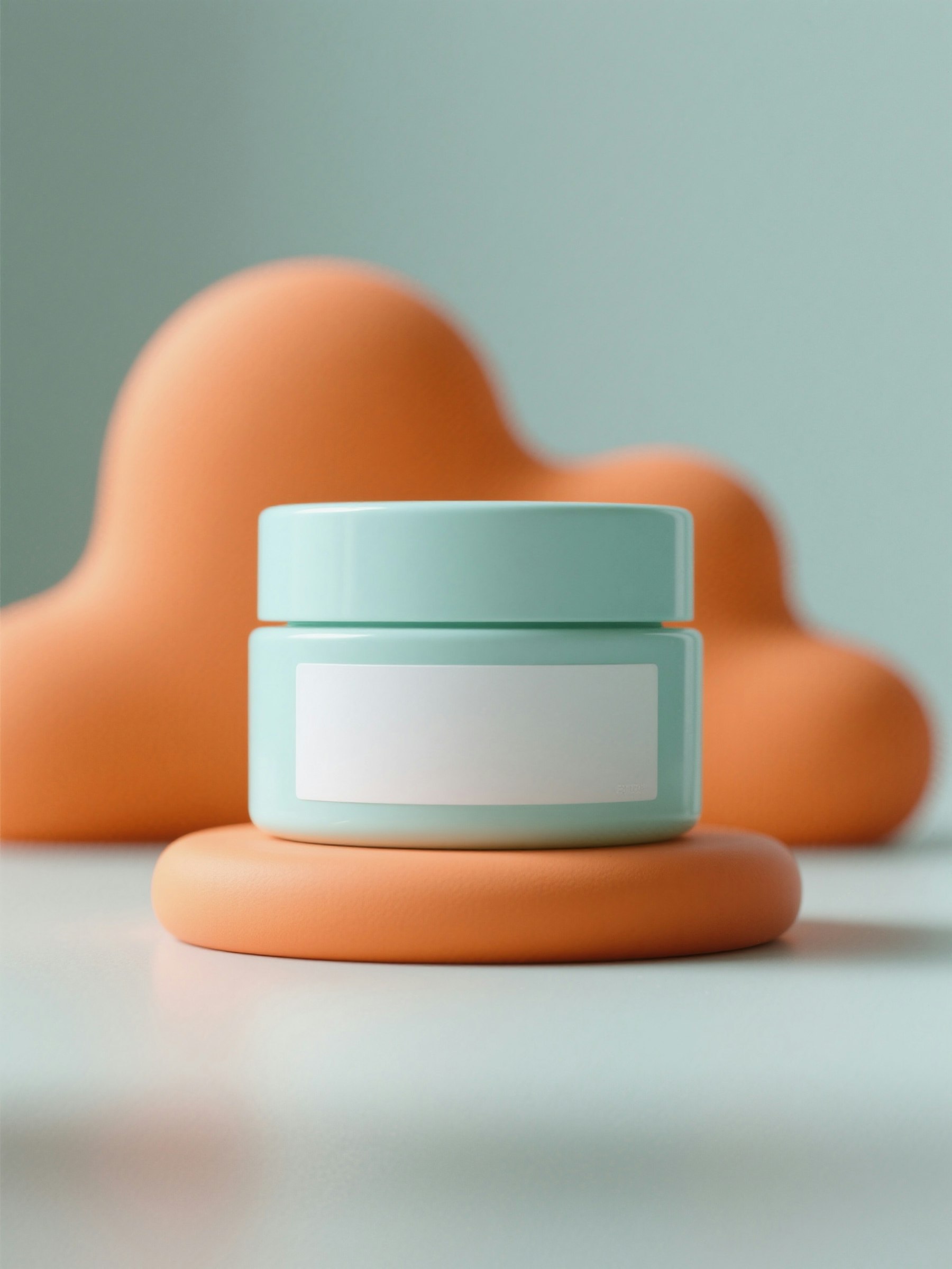 Minimalist photo of a skincare product jar with a soft pastel blue lid, placed on an orange round platform, with abstract orange shapes in the background