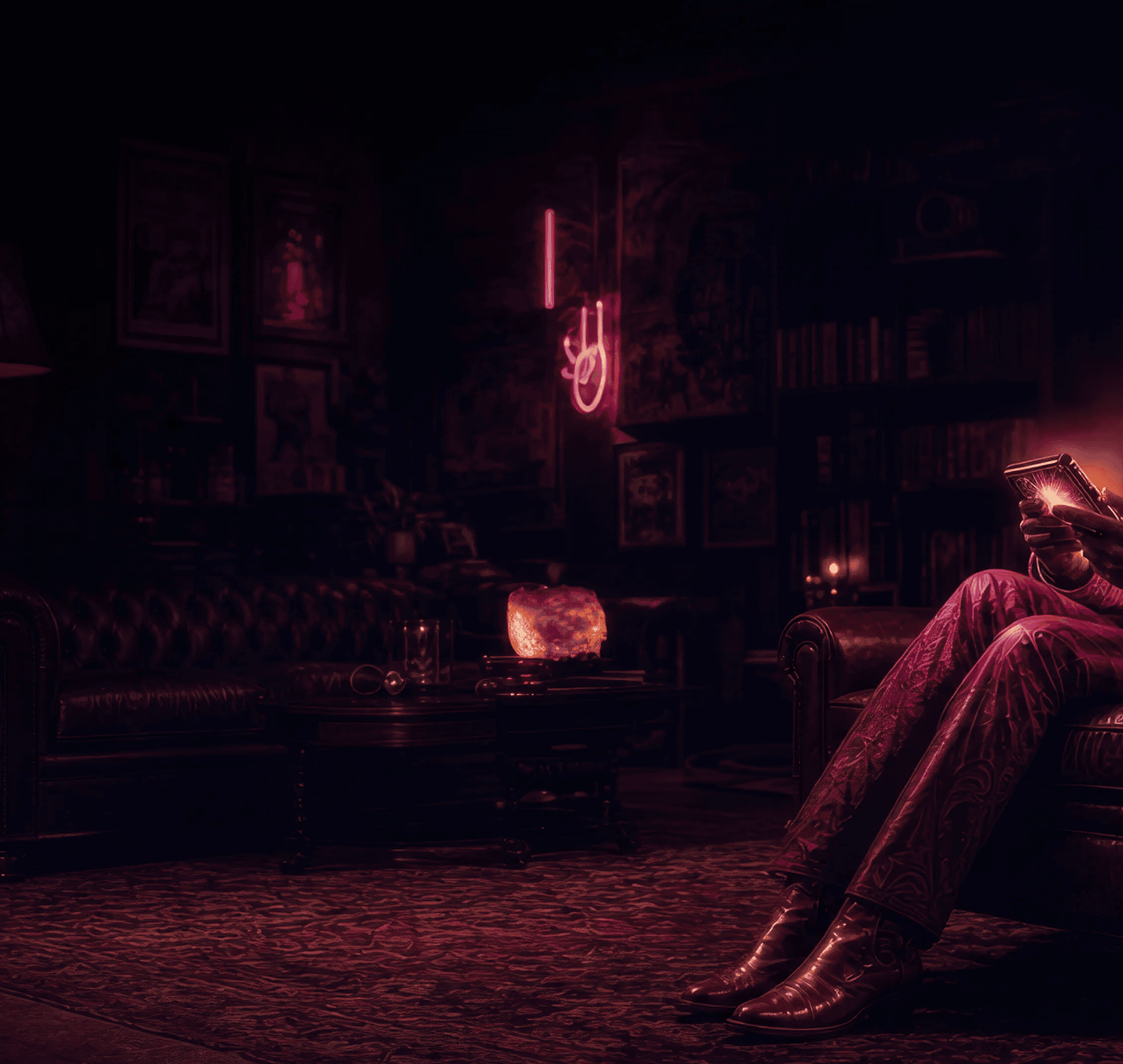 Stylish horse-headed character in a jacket using a tablet in a modern dark lounge.