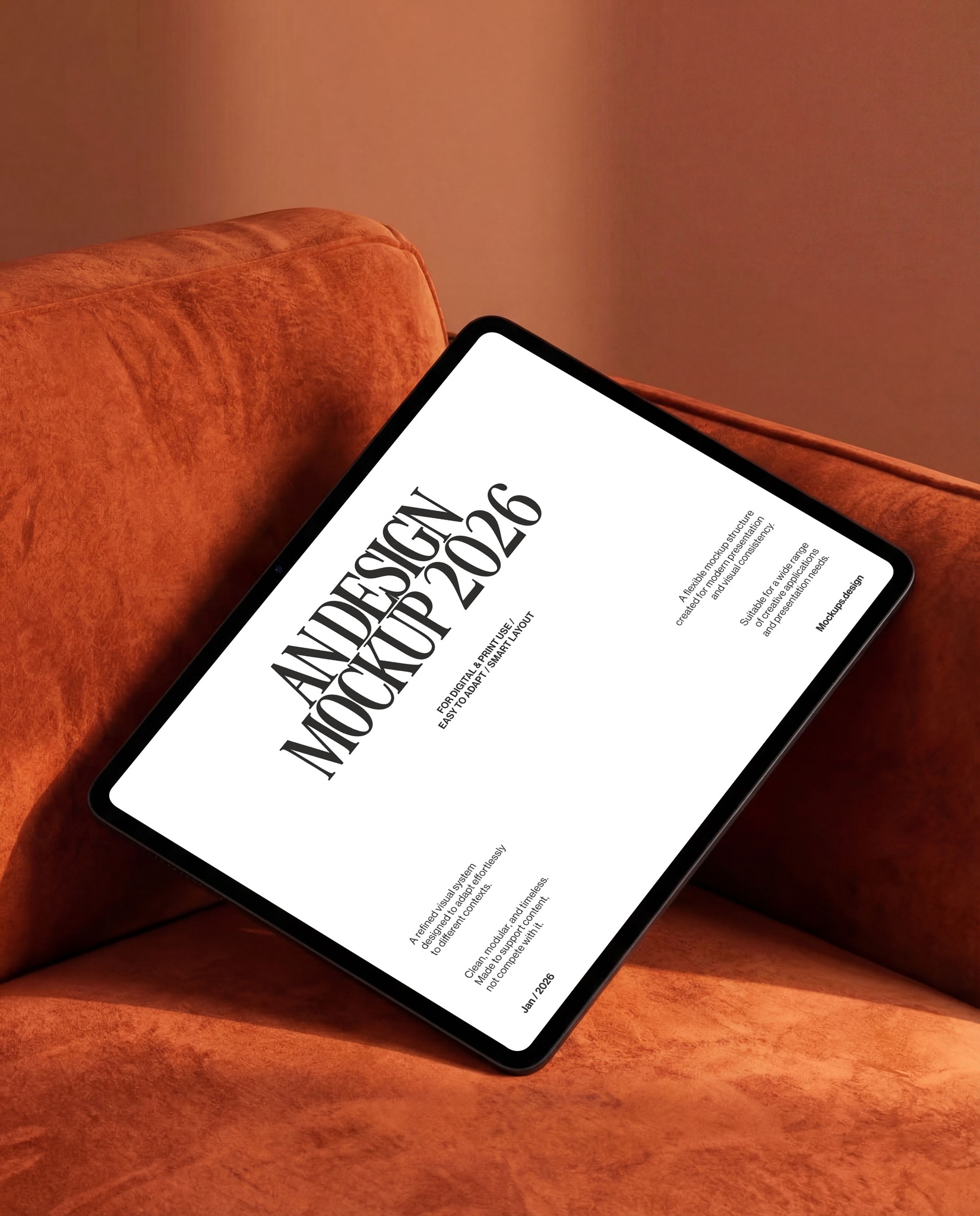 iPad mockup on couch, lifestyle home setting