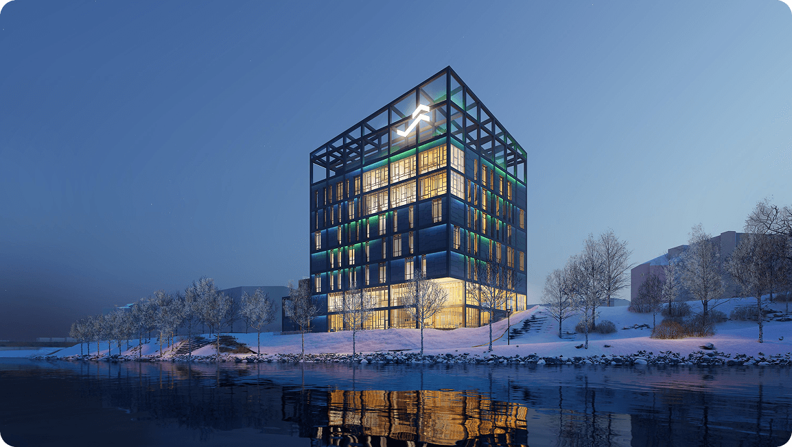 tall company building in snowy landscape