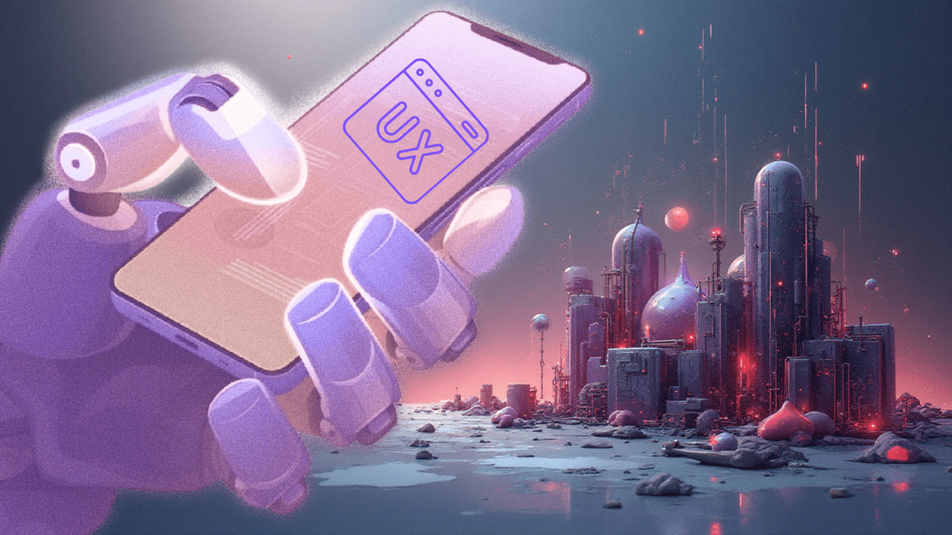 A futuristic robotic hand holding a smartphone with a UX interface icon glowing on the screen, overlooking a modern digital cityscape. The purple-blue palette represents Figzol’s brand colors, symbolizing innovation, user experience excellence, and next-gen app design in the Gulf region.