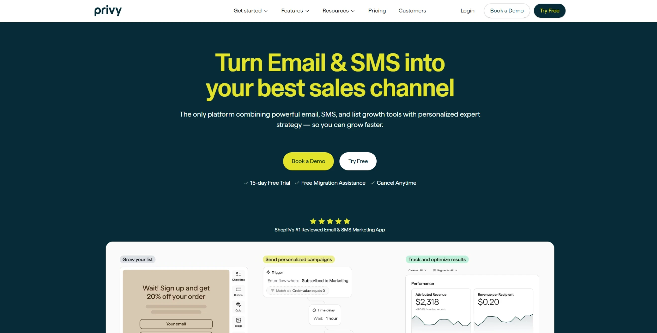 Privy website hero section featuring the headline “Turn email & SMS into your best sales channel”