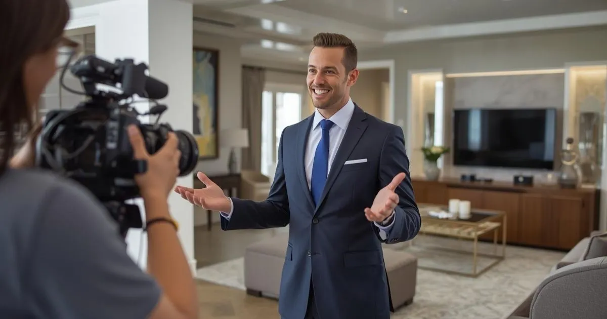 Realtor filming a home tour video in a bright living room