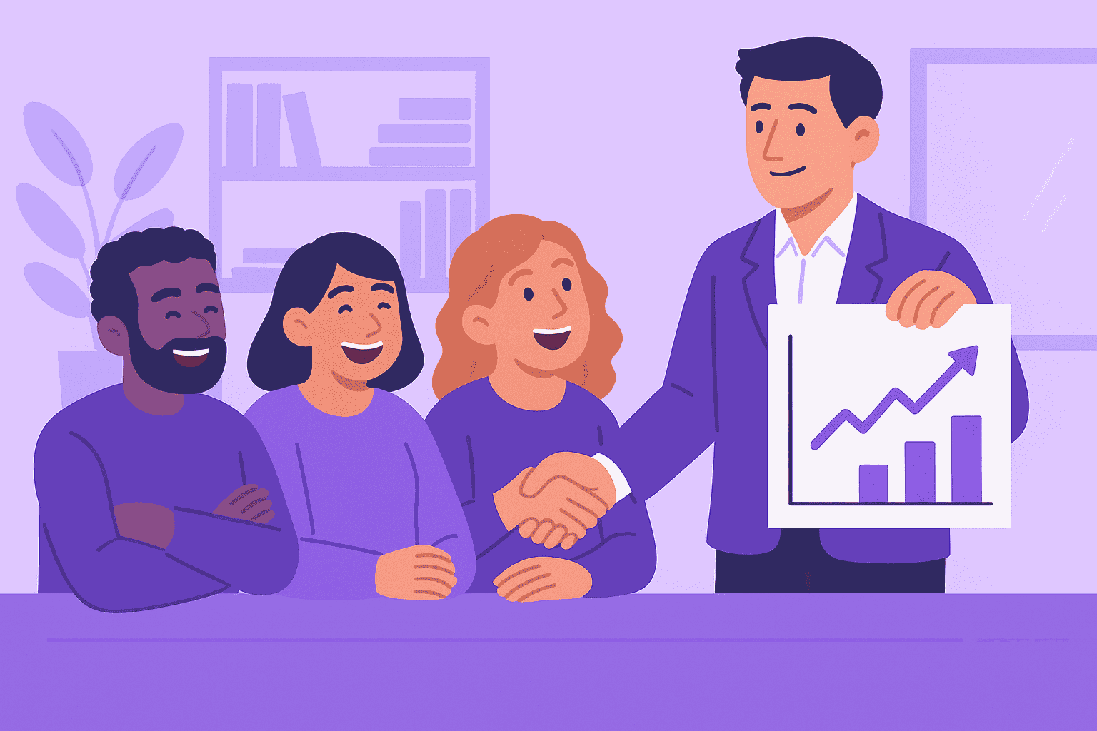 Flat-style digital illustration showing a leader presenting an upward-trending graph to three smiling employees, symbolizing transparency, teamwork, and mutual trust in a positive workplace environment.