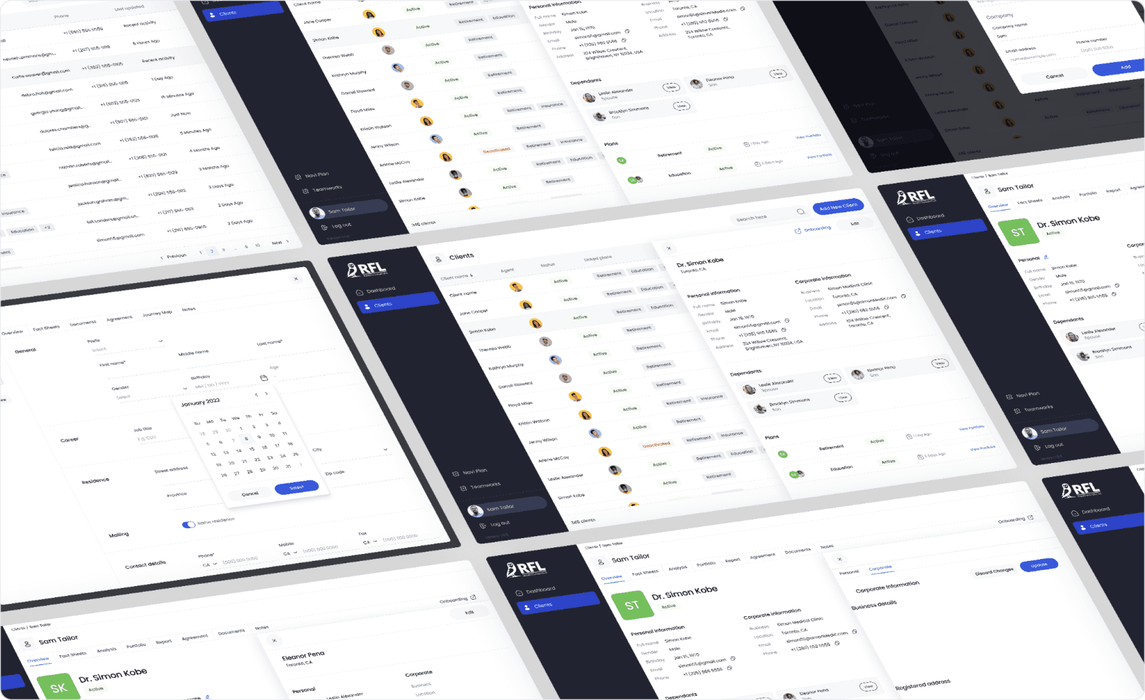 User interface mockups – clean design foundation for RFL CRM