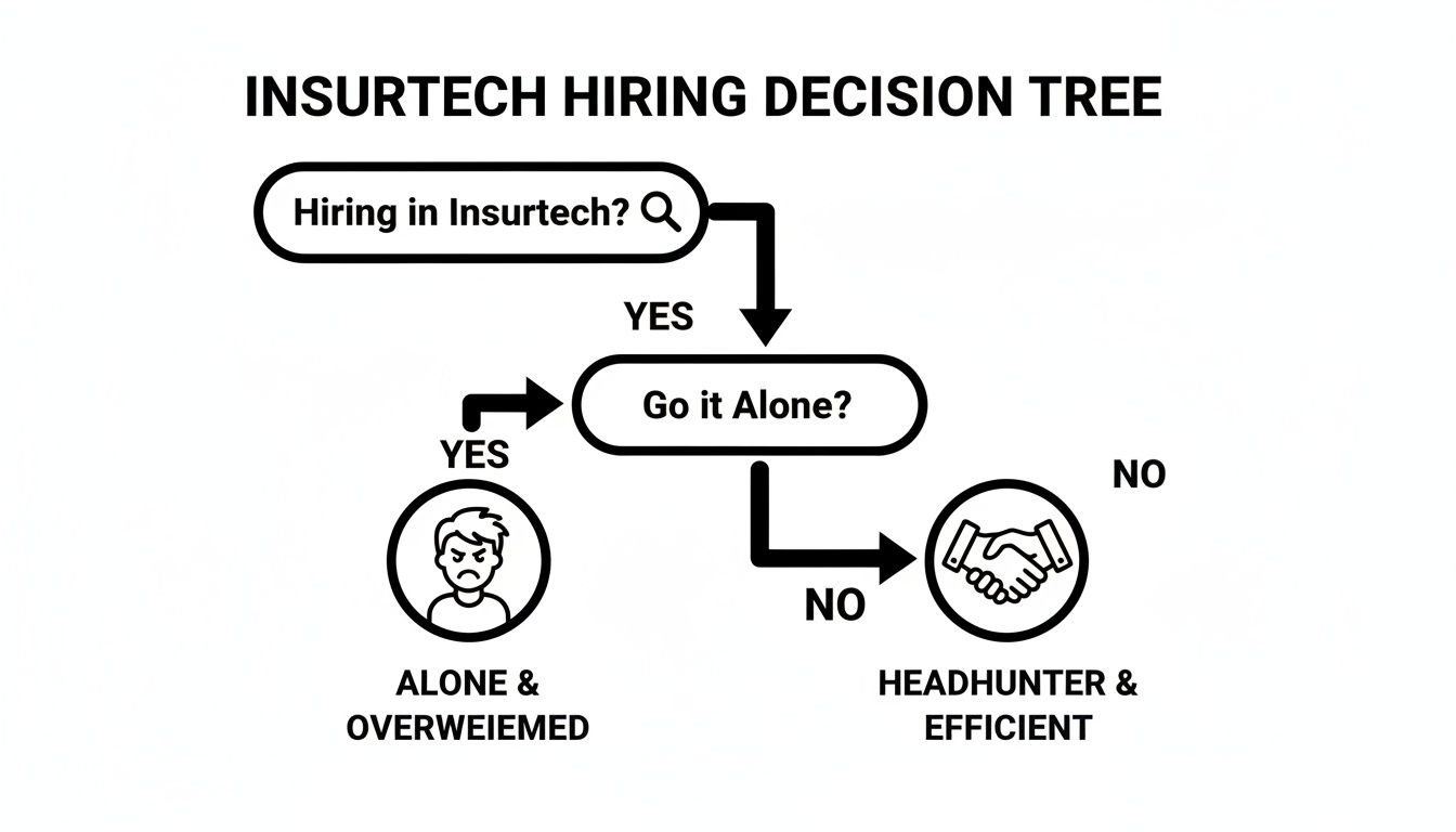Decision tree illustrating Insurtech hiring choices, suggesting headhunters for efficiency over going it alone.