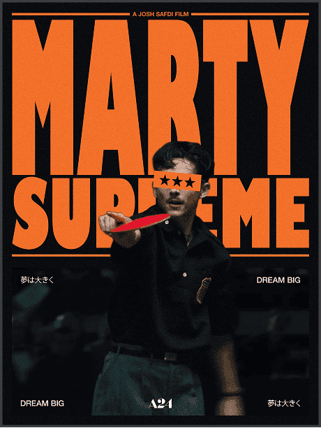Marty Supreme movie poster with bold stacked orange typography on a dark background