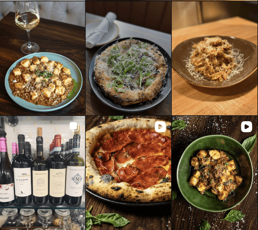 GP Italiano Instagram grid showing food photography content by Quickie Studio including pizza pasta and wine La Grange IL