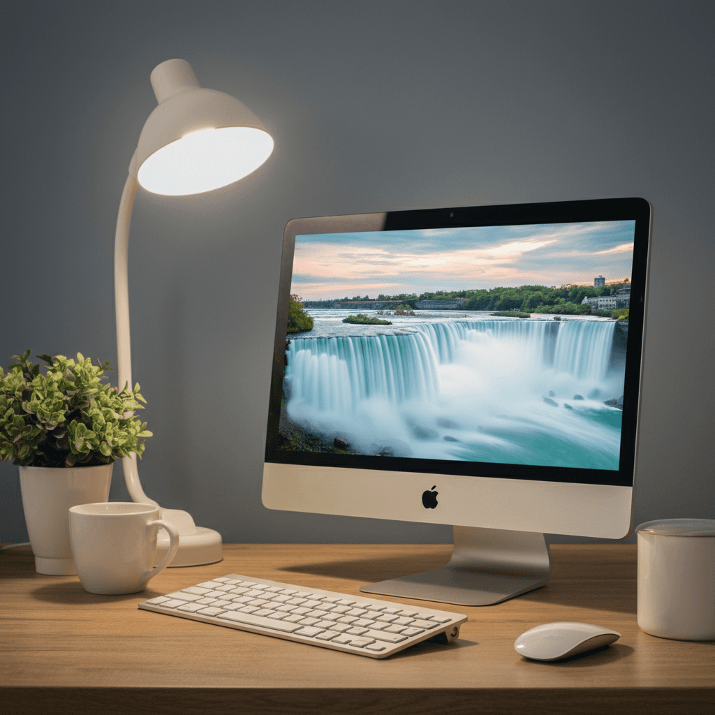 desktop computer on a desk with a background image of niagara falls. 