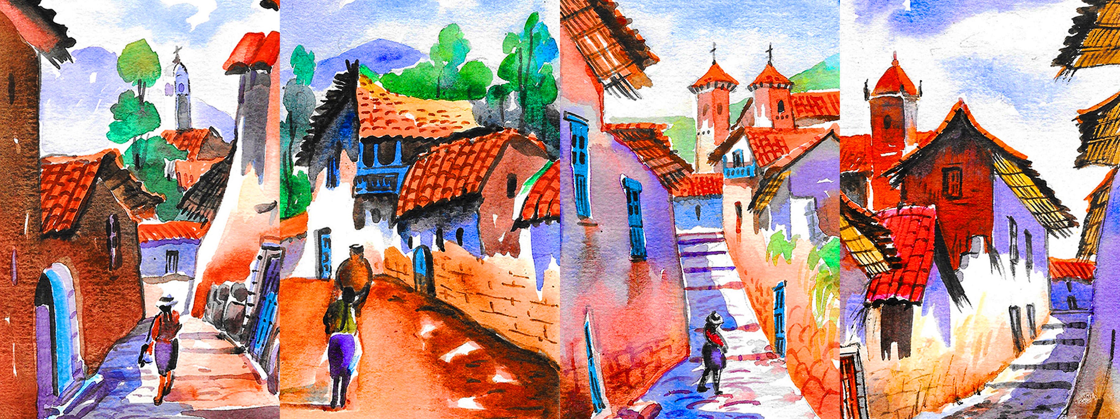 Watercolor collage of Cusco streets featuring narrow alleys, red tiled roofs and small walking figures, capturing the light, architecture and daily life of the Andean city.