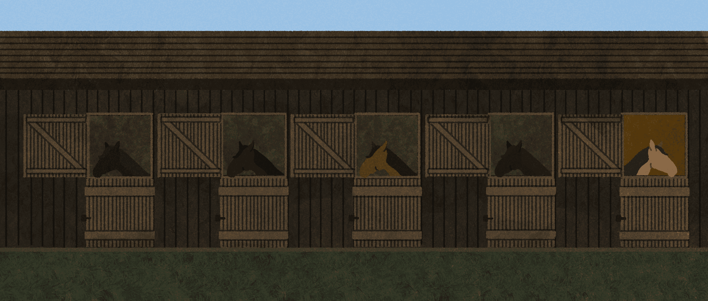 Illustration of five horses resting in their stables, except one--he's antsy to get out.