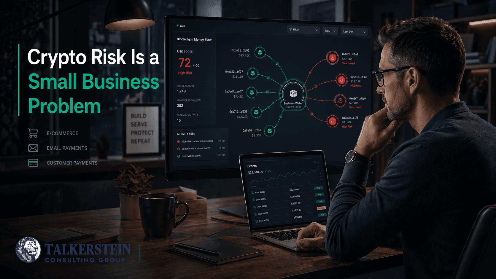 Crypto money flow dashboard showing high-risk transactions and flagged wallet activity for small business risk analysis