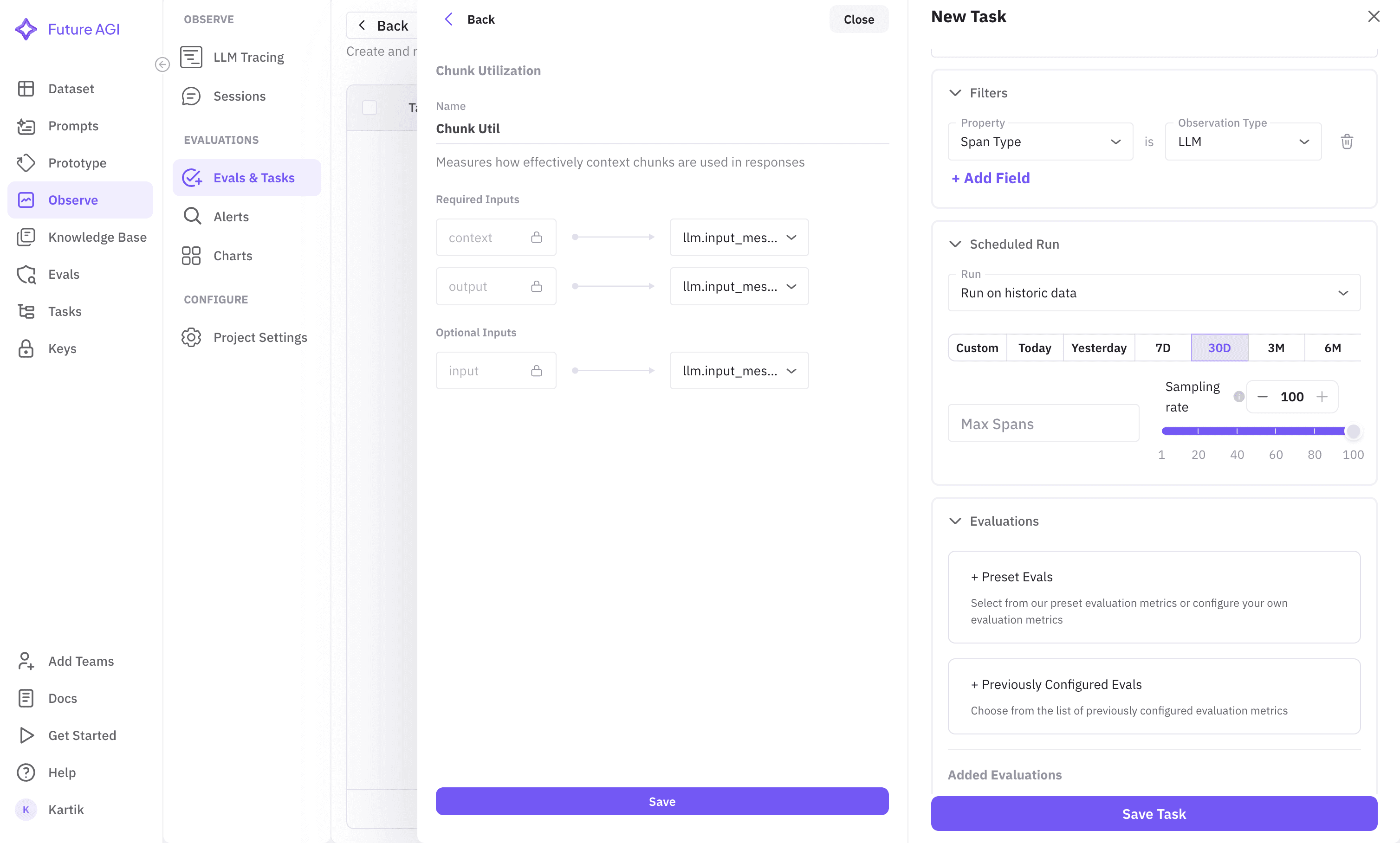 Dashboard for setting up new Tasks in your Project to evaluate your AI system performance