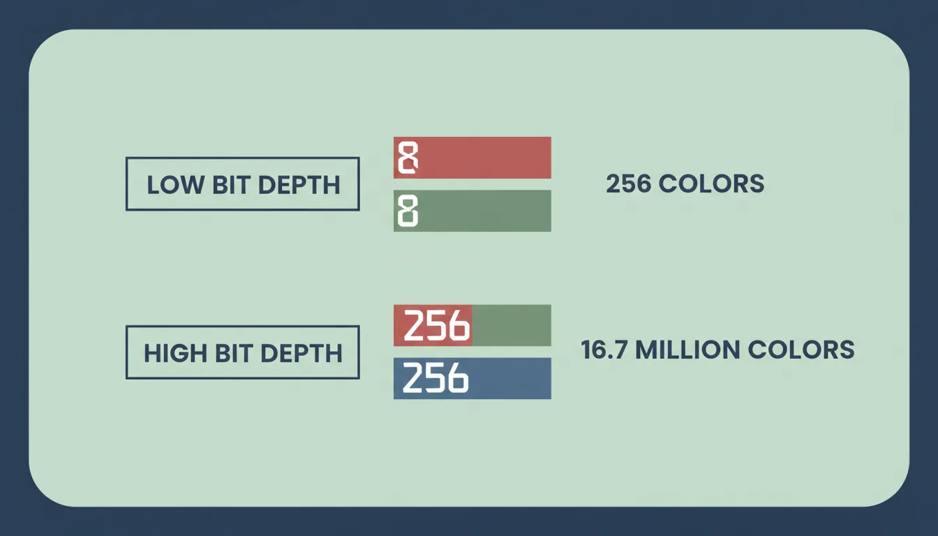 A minimalist data visualization infographic explaining color bit depth, vector graphic style. The design is centered on a pale mint-green background inside a dark blue rounded frame. It features two horizontal rows for comparison. The top row has a label with placeholder text, followed by a stack of three color bars in muted red, green, and blue, each containing abstract numbers. To the right is placeholder text for the resulting color count. The bottom row mirrors the top, with a different placeholder label and different abstract numbers in the color bars, resulting in a larger color count. Clean flat design, matte colors, even lighting.