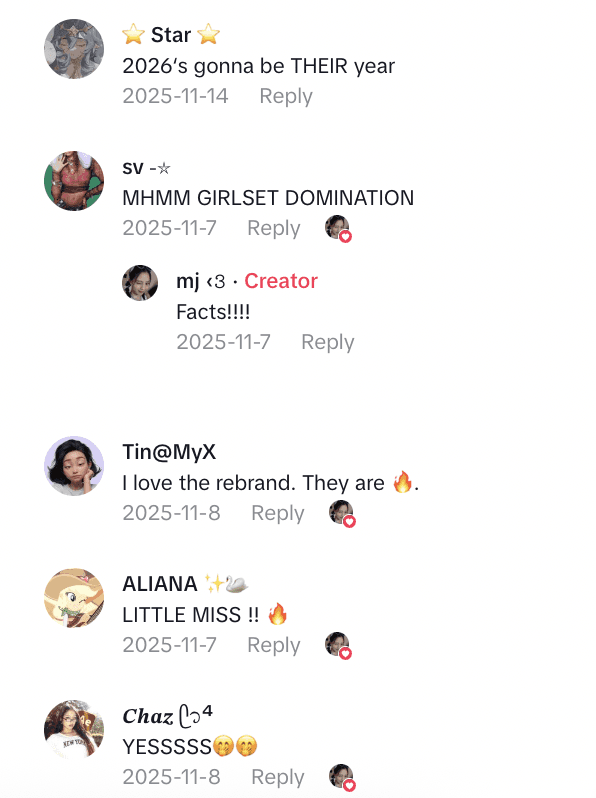 Screenshot of social media comments showing positive fan reception for GIRSET.