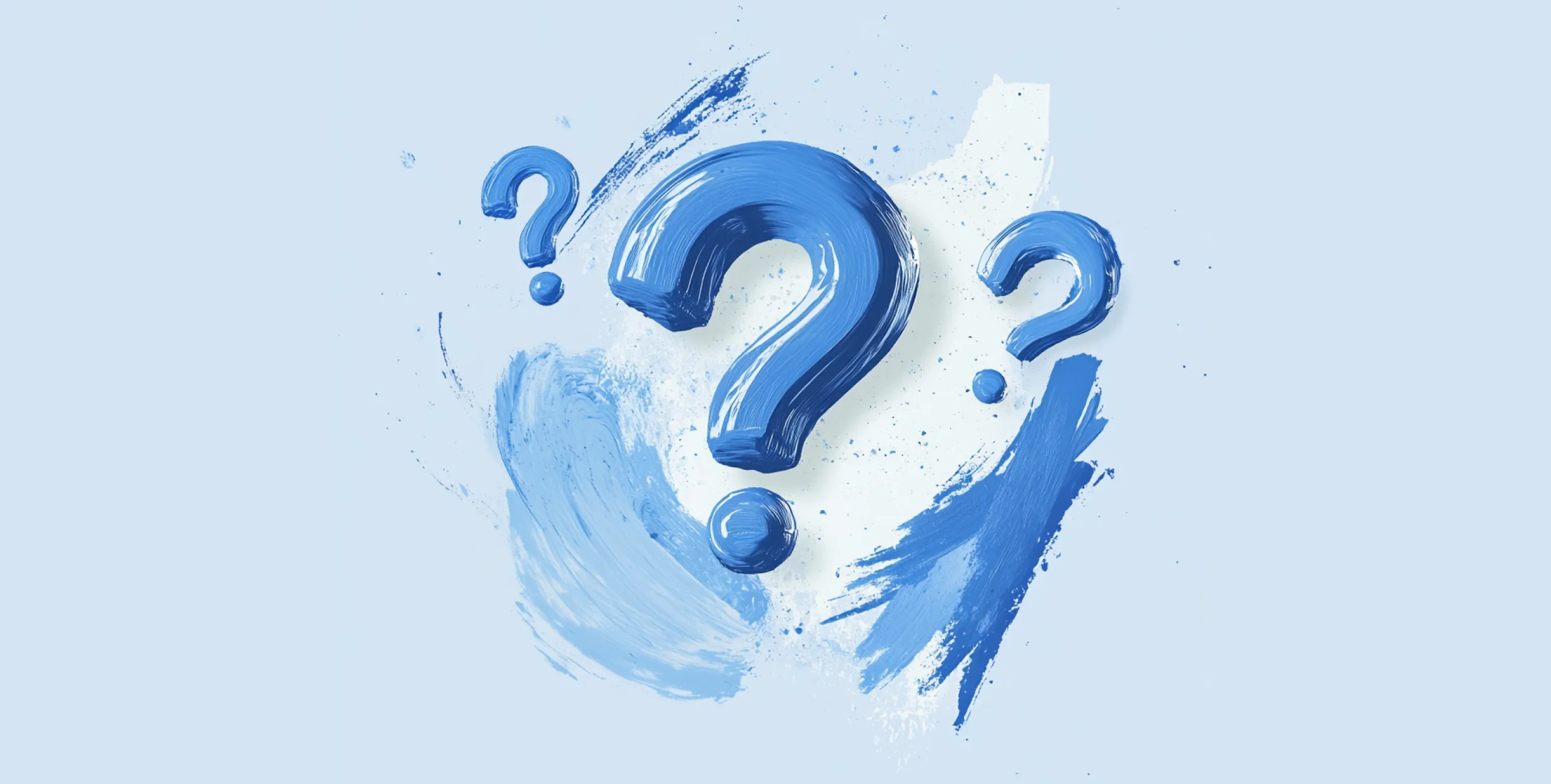 Light blue background with question marks and paintbrush marks in darker blue in the middle.