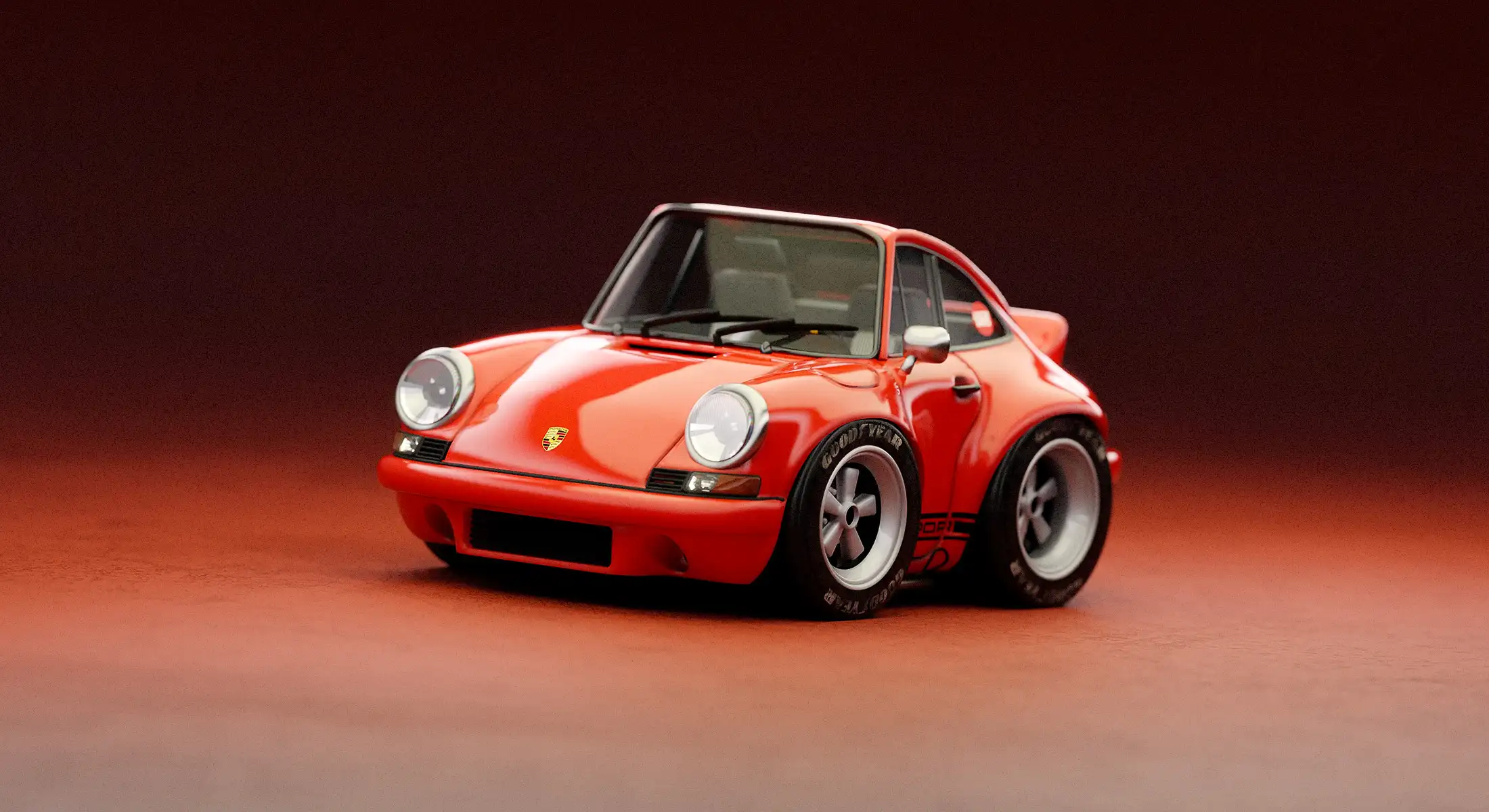 A digital rendering of a of red Porsche sports car.