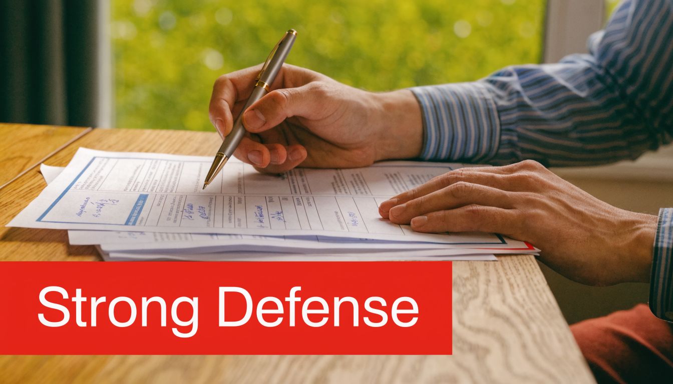 A person writing on a document at a wooden table with the text Strong Defense overlaid