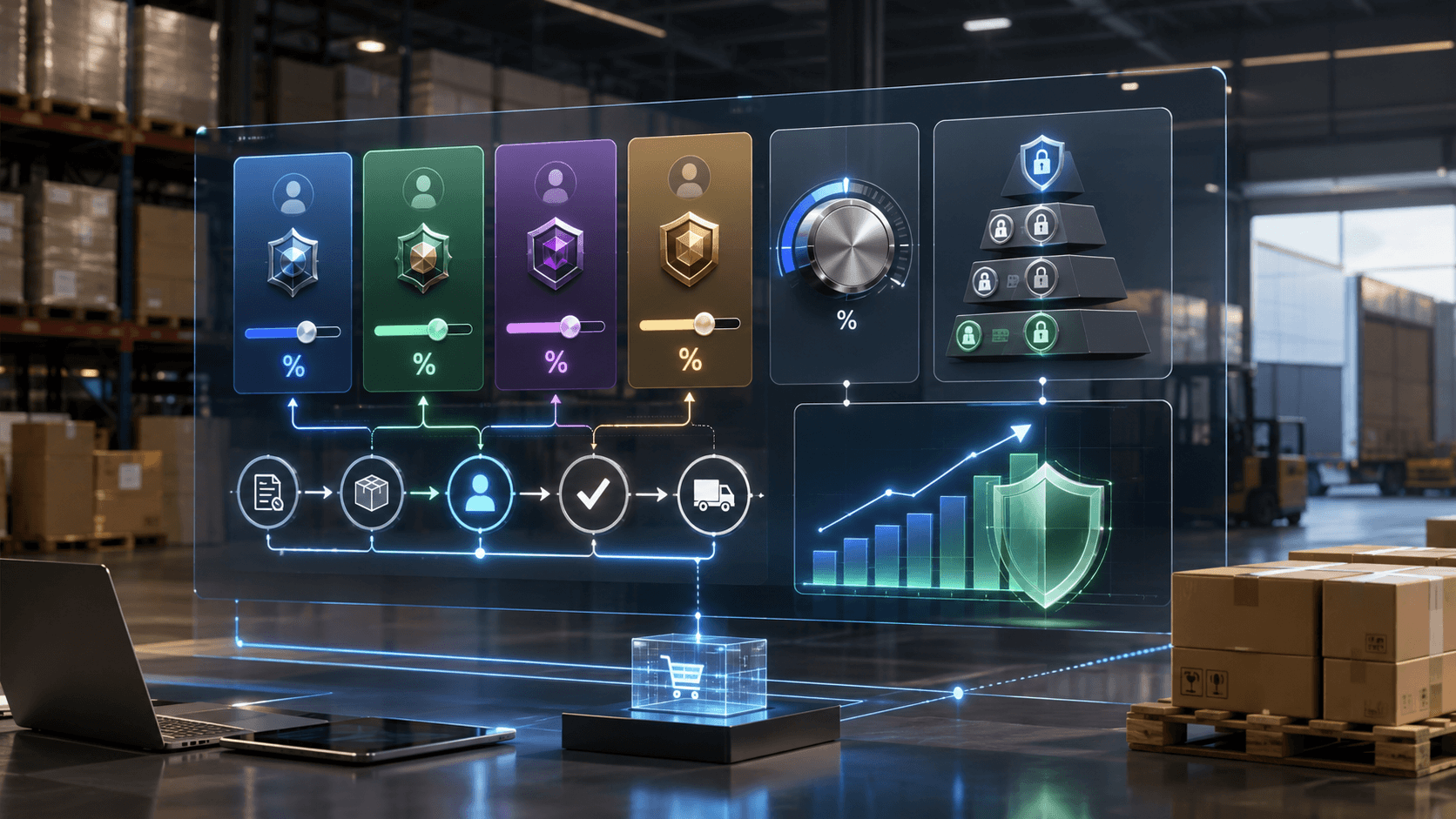 Interface holográfica em um armazém moderno mostra perfis de clientes, controles de desconto, níveis de aprovação por usuário e proteção de margem com gráficos e ícones de segurança.