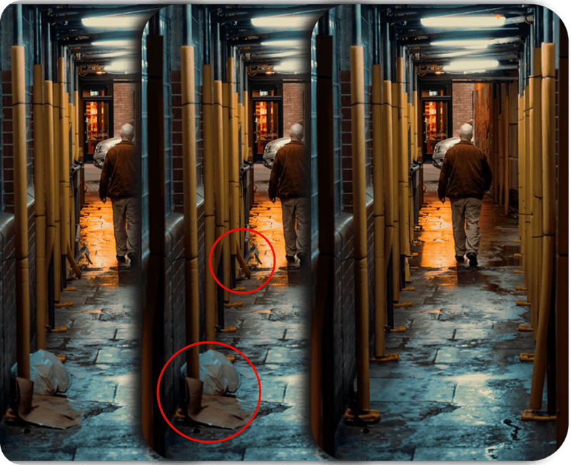 Zbitka jednej fotografii w 3 wariantach, pokazująca efekt oczyszczania kadru z rozpraszaczy