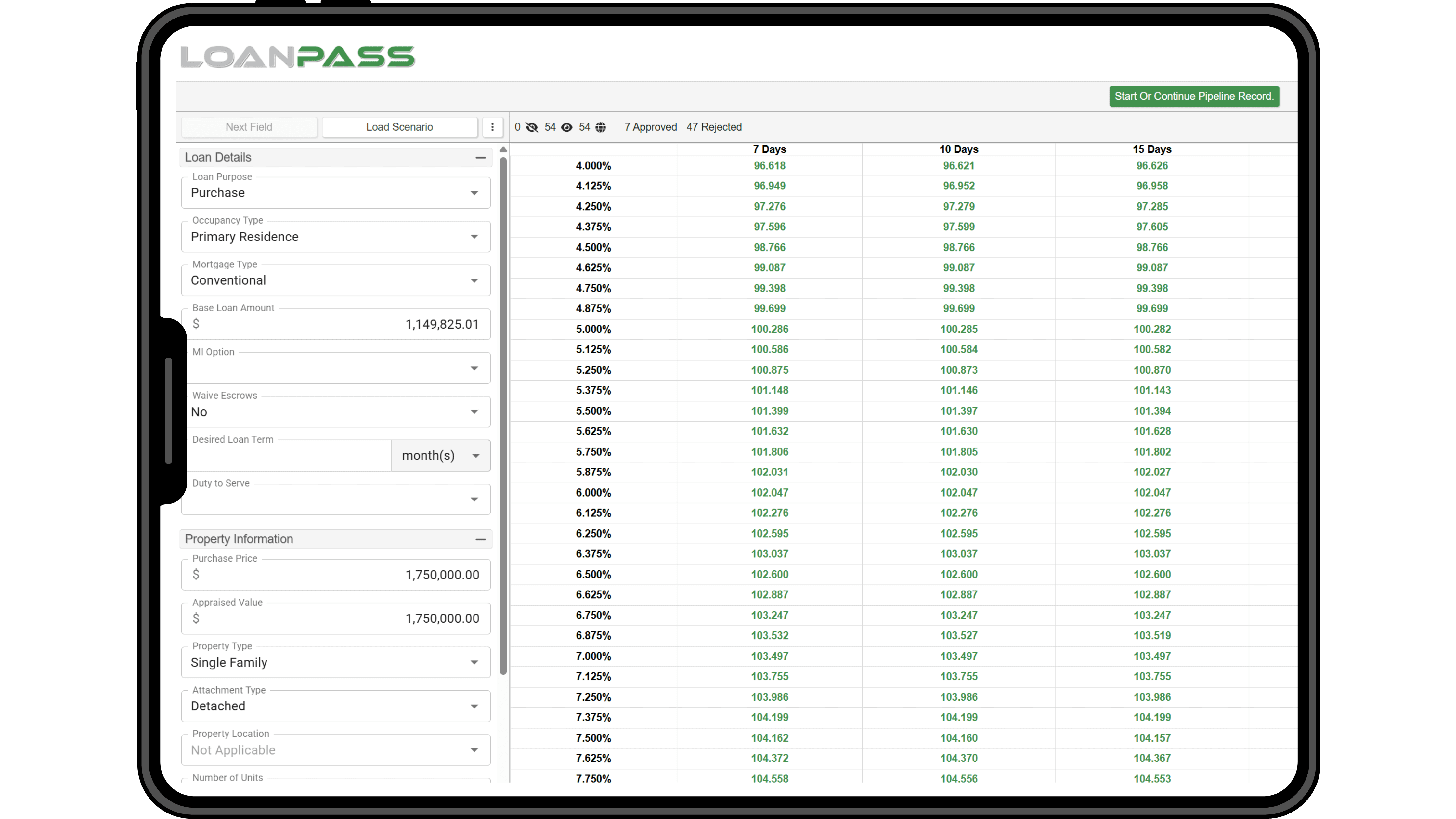A tablet displaying LoanPASS Price a Loan page.