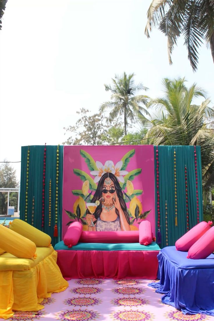 Quicky Mehendi decor with colorful pop art backdrop, perfect outdoor decor in Janakpuri, Keshav Puram, Ashok Vihar Gurgaon.