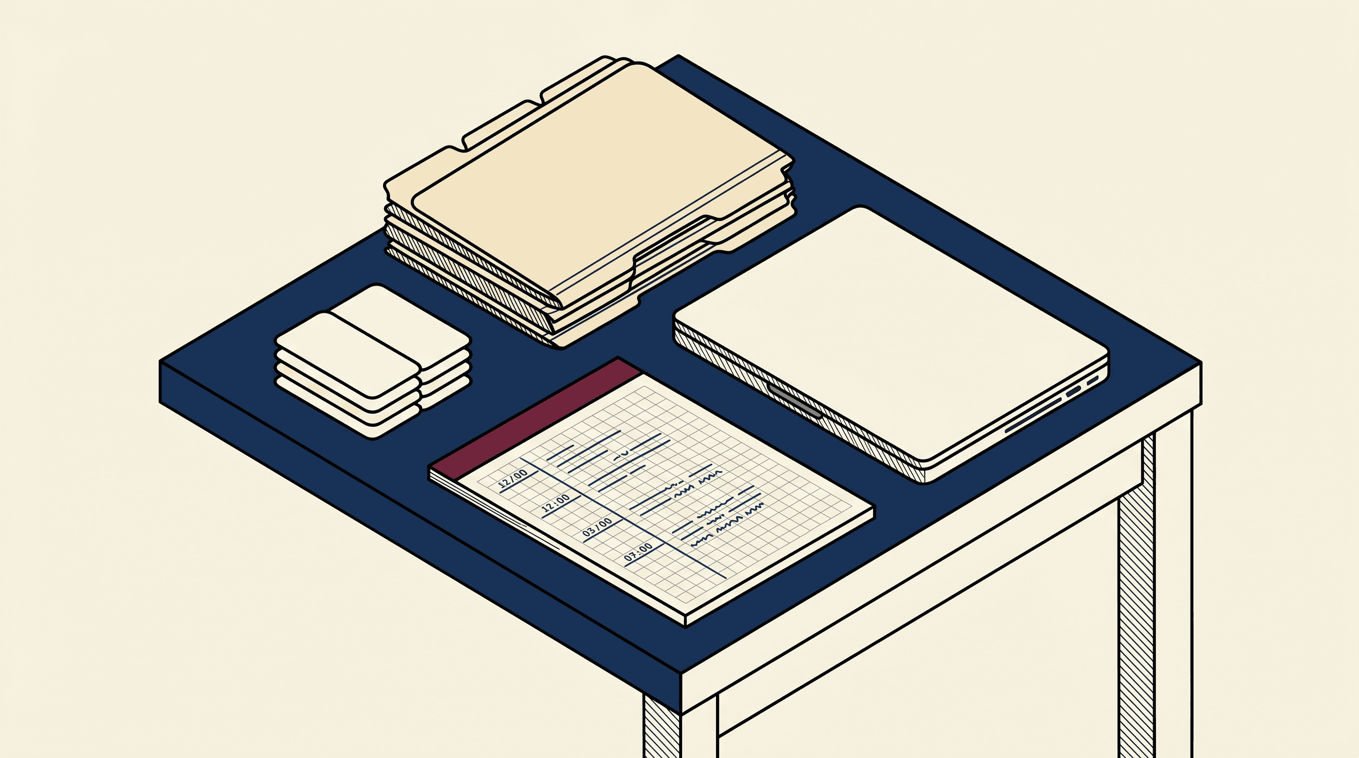 Shared research table with folders, role cards, and a timestamped notebook