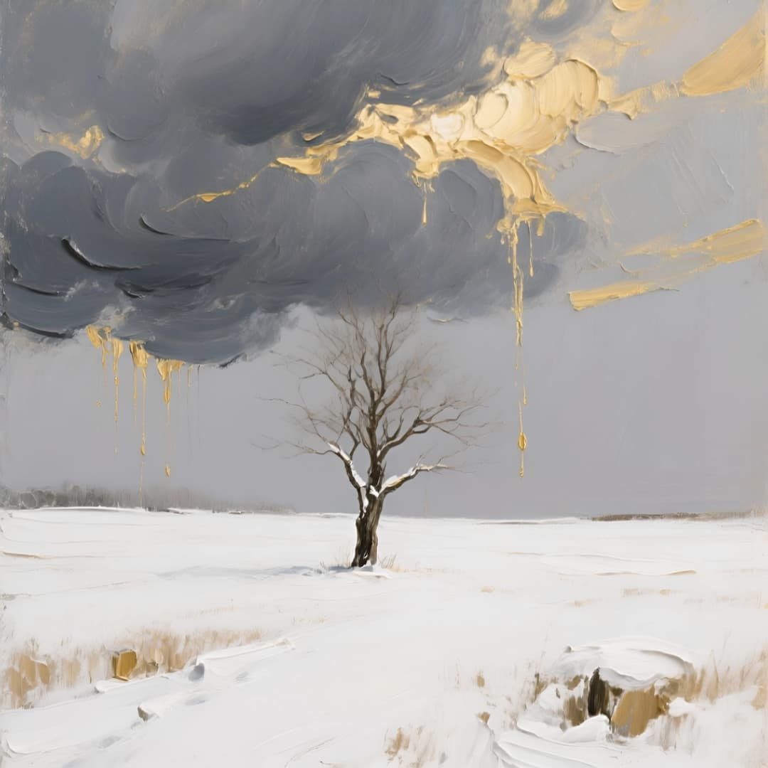 ein gemälde von einem baum auf einer wiese, die mit schnee bedeckt ist