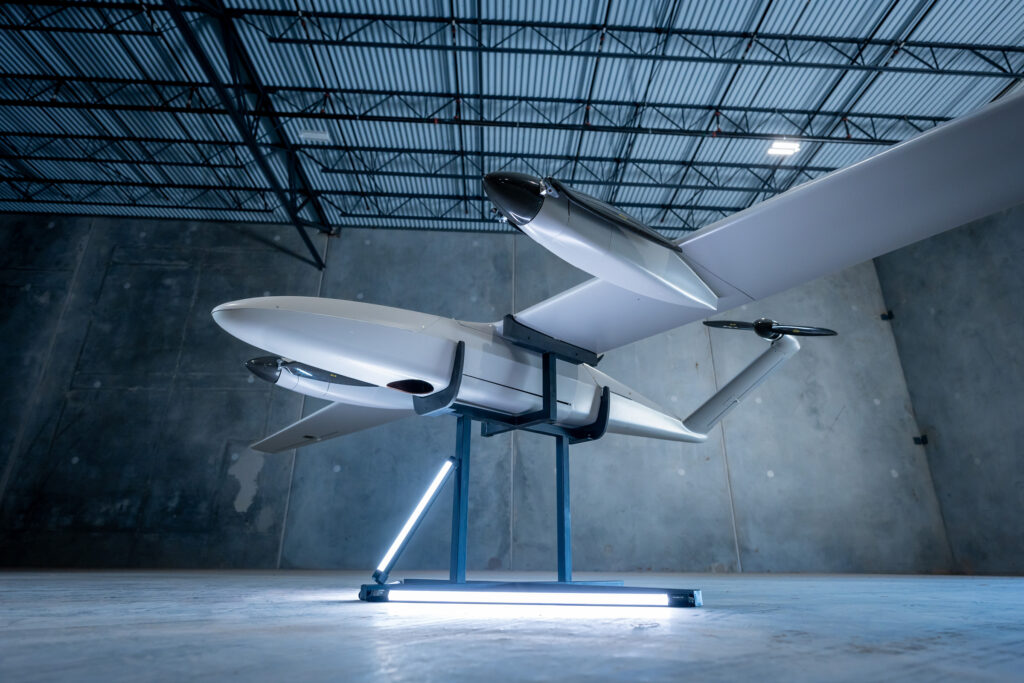 Side view of the Griffon Aerospace Valiant UAS showing its twin-boom tail and pusher propeller