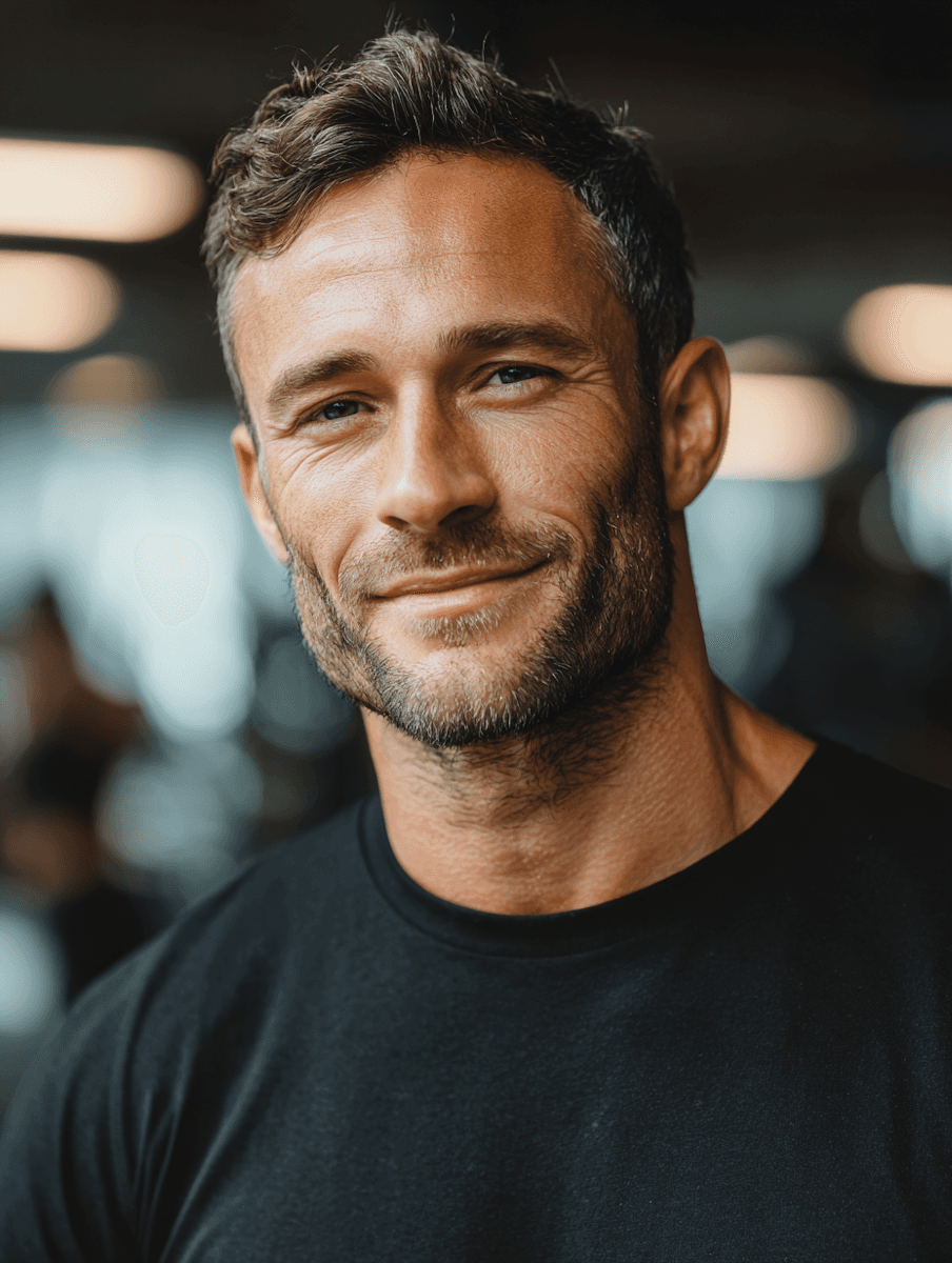 Close-up of smiling blond man with blue eyes and light stubble.