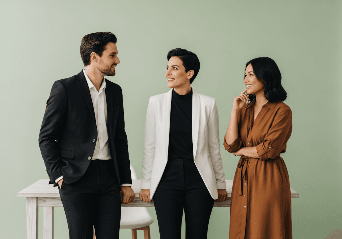 Three smiling professionals in business attire look at each other while standing by a desk against a green background.