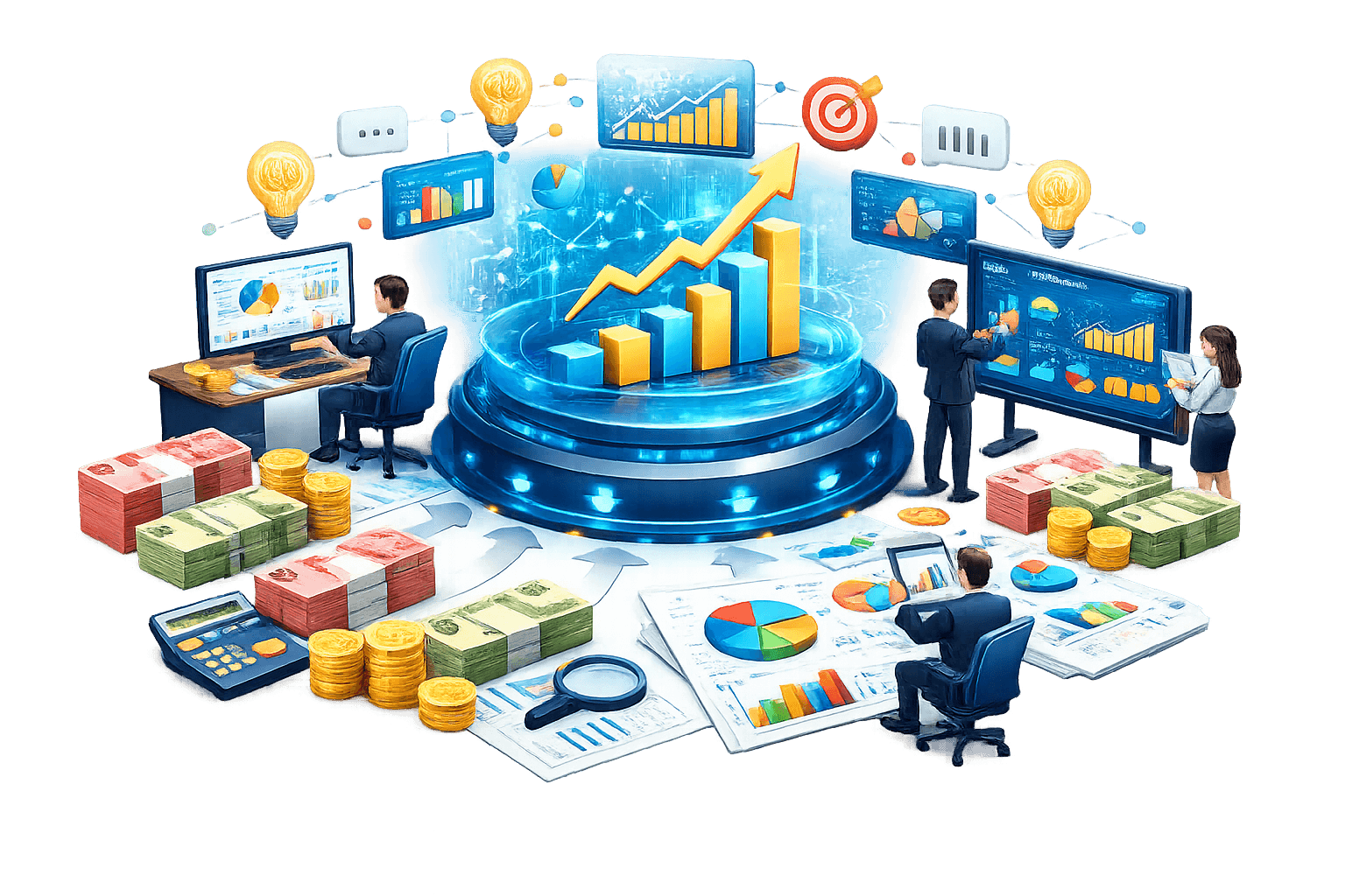 Ilustrasi AI‑driven business & financial performance analytics. Di tengah, platform analitik holografik menampilkan grafik batang meningkat dengan panah tren naik, dikelilingi dashboard KPI (bar, line, dan pie chart). Di kiri dan kanan, beberapa analis bekerja pada monitor besar yang memvisualisasikan performa, target, dan insight.  Di bagian depan terlihat laporan cetak, kalkulator, kaca pembesar (analisis), serta tumpukan uang dan koin yang merepresentasikan dampak finansial. Ikon lampu menandakan ide/insight, ikon target menunjukkan pencapaian sasaran. Visual menggambarkan kolaborasi manusia, analitik terpusat, dan pengambilan keputusan berbasis data untuk mendorong pertumbuhan bisnis.