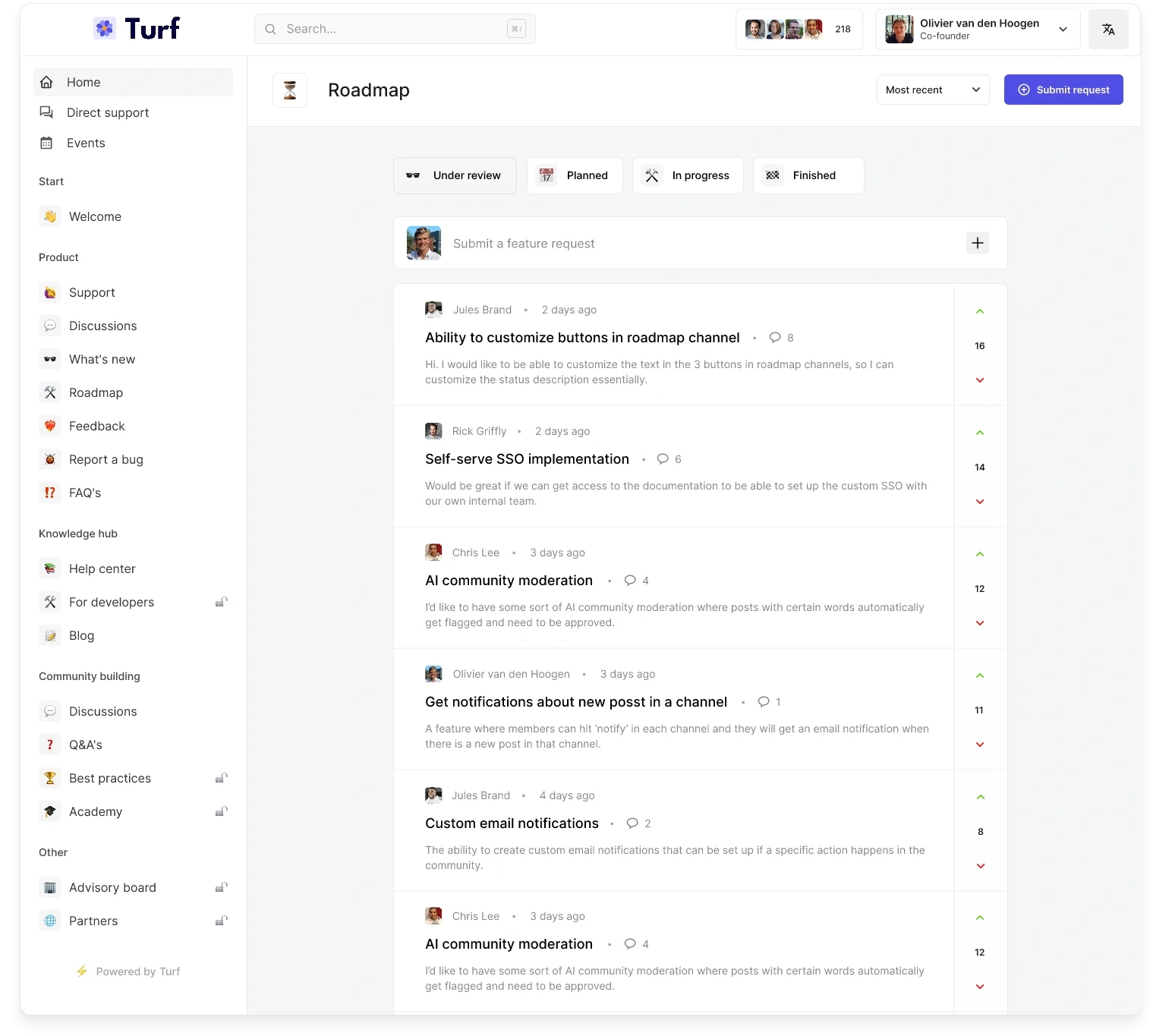 The roadmap display in a community built with the Turf platform.