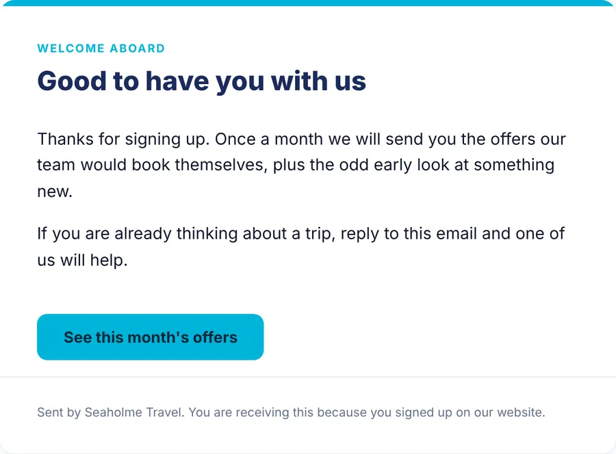 Welcome email for a new newsletter subscriber with a button to this month's offers