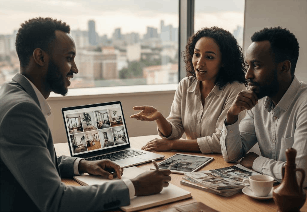 A meeting scene describes consultation