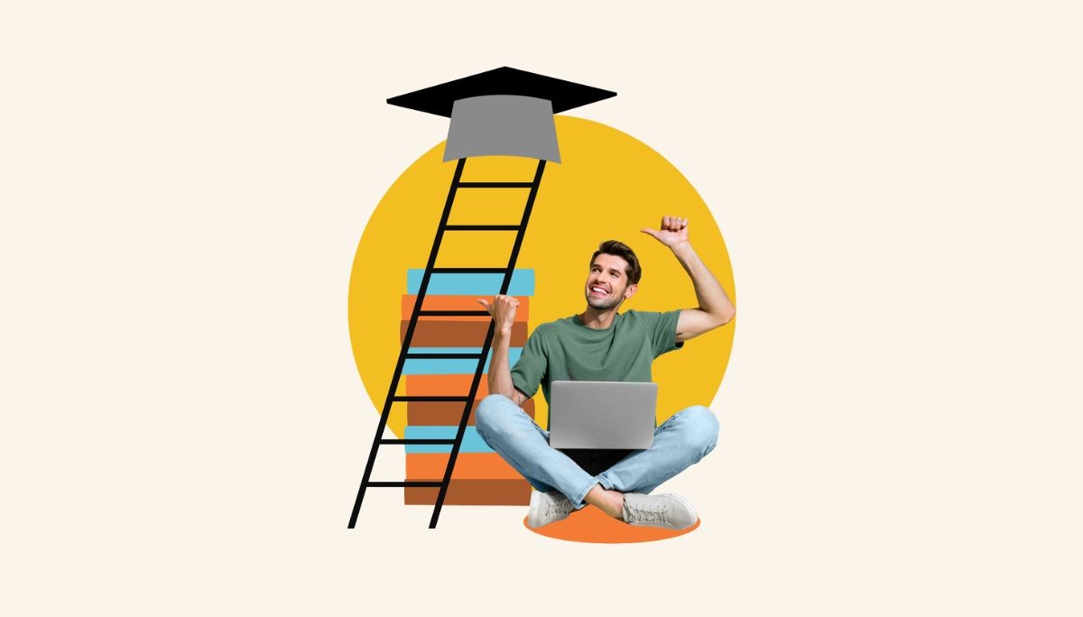 Illustration of a person sitting with a laptop in front of a tall stack of books topped with a graduation cap, symbolizing online education and the pursuit of an MBA.