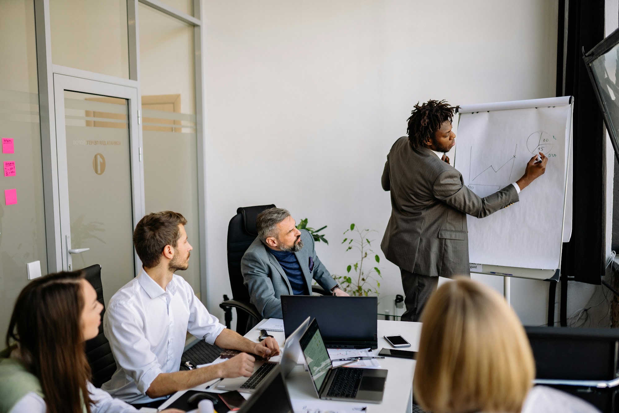 Presenter at a flipchart in a meeting room