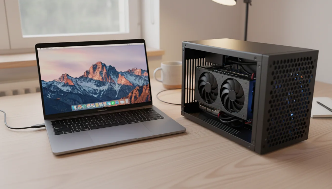 DSLR photograph of a space gray MacBook Pro connected to a black eGPU enclosure on a light wood desk. The eGPU has a black metal case with a mesh side panel, through which internal components and vibrant blue LED lights are visible. The laptop screen is illuminated, displaying a colorful wallpaper of a snow-capped mountain range. The scene is shot from a high angle under warm ambient indoor lighting, with a shallow depth of field that keeps the focus on the tech hardware. Realistic textures of brushed metal, perforated mesh, and wood grain.