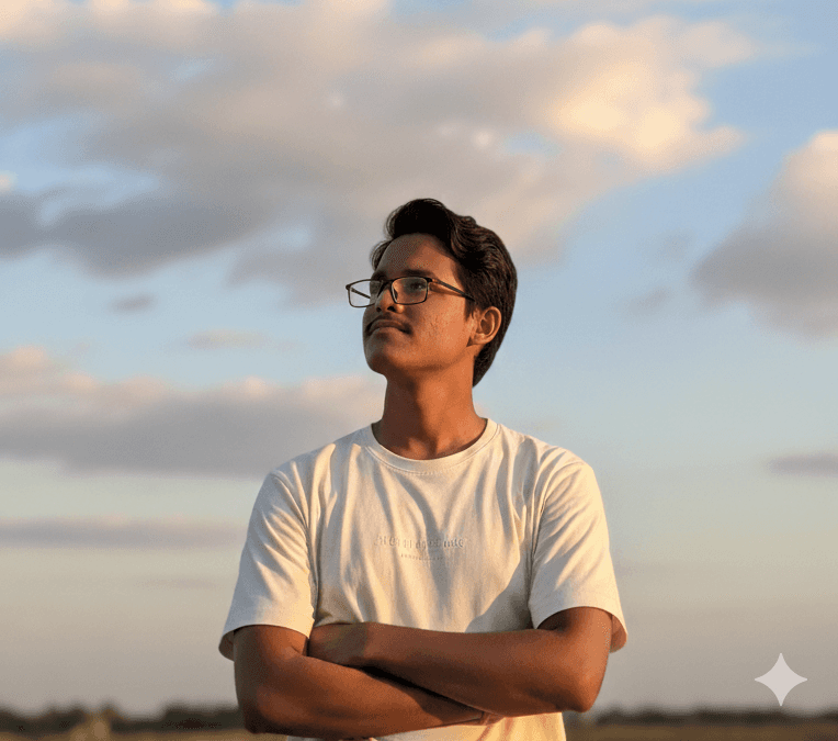 persona portrait image man with orange background and person's image on top